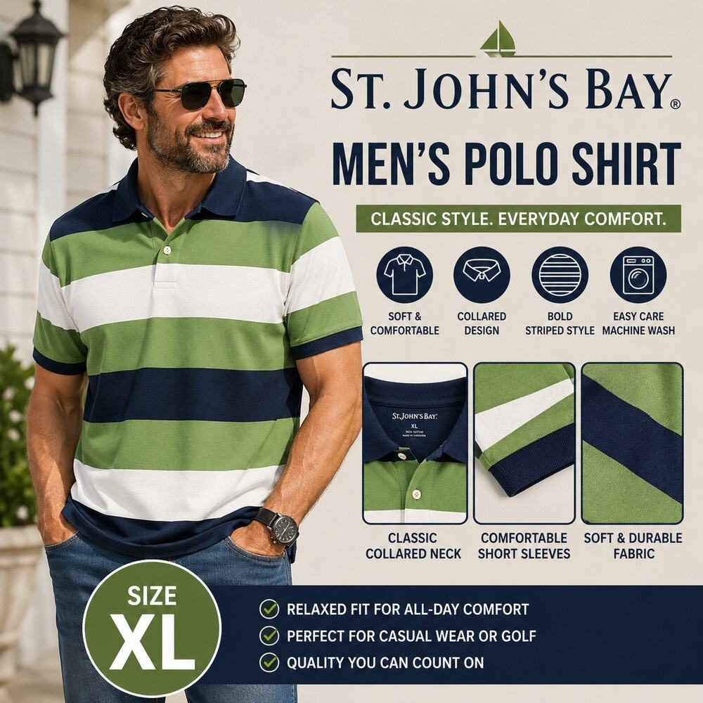 Y2K St Johns Bay Mens Polo Shirt Green Blue White Striped Short Sleeve XL